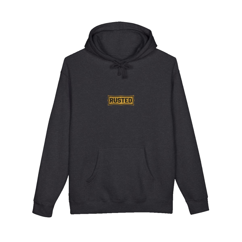 TRUST THE RUST chest badge on a charcoal heather hoodie