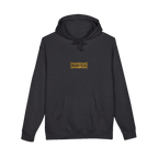 TRUST THE RUST chest badge on a charcoal heather hoodie