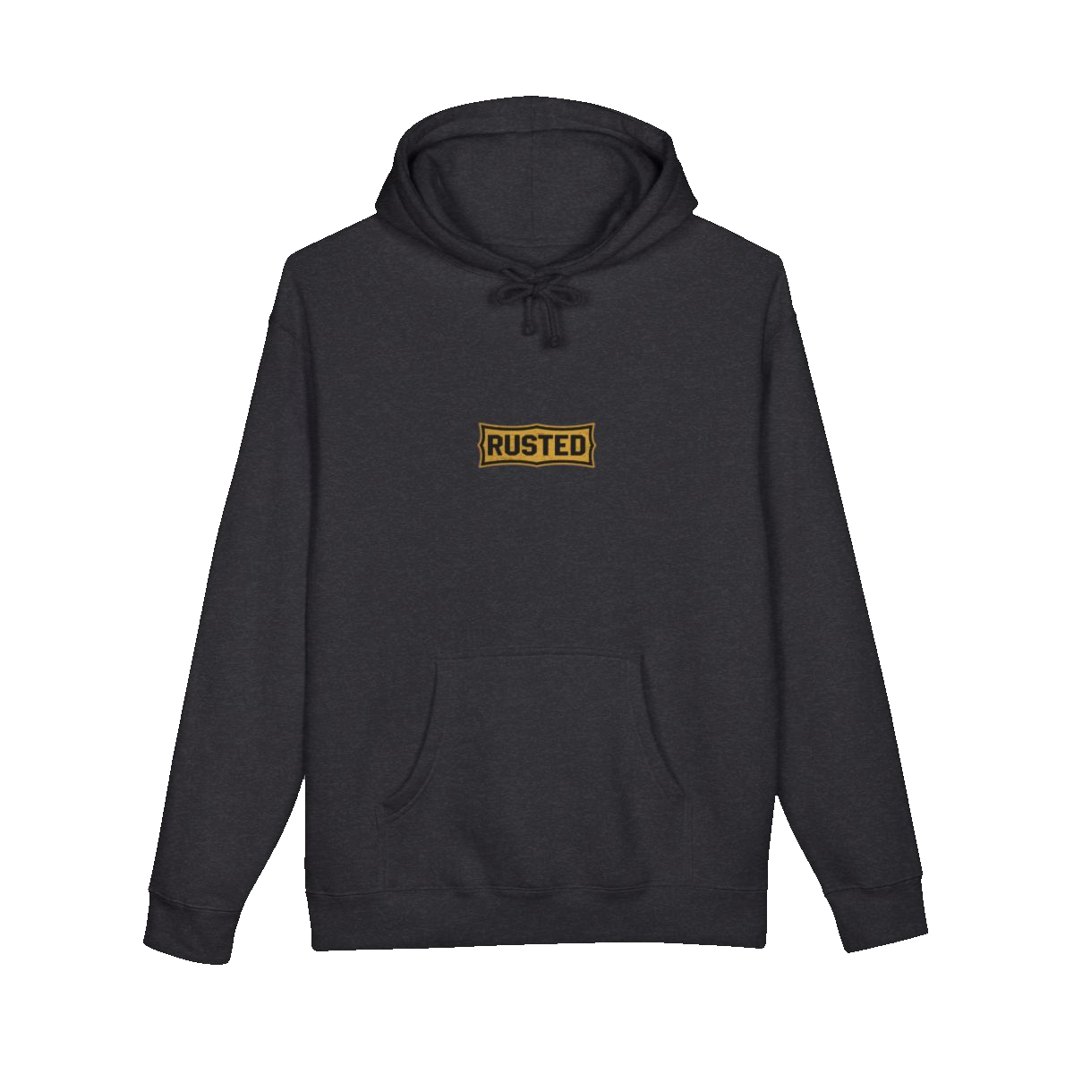 TRUST THE RUST chest badge on a charcoal heather hoodie