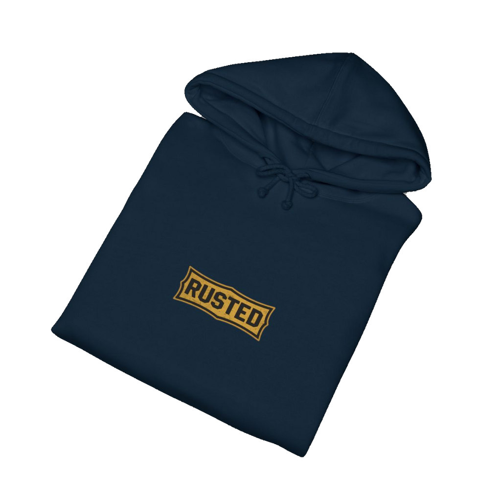 Folded navy TRUST THE RUST motor grader hoodie