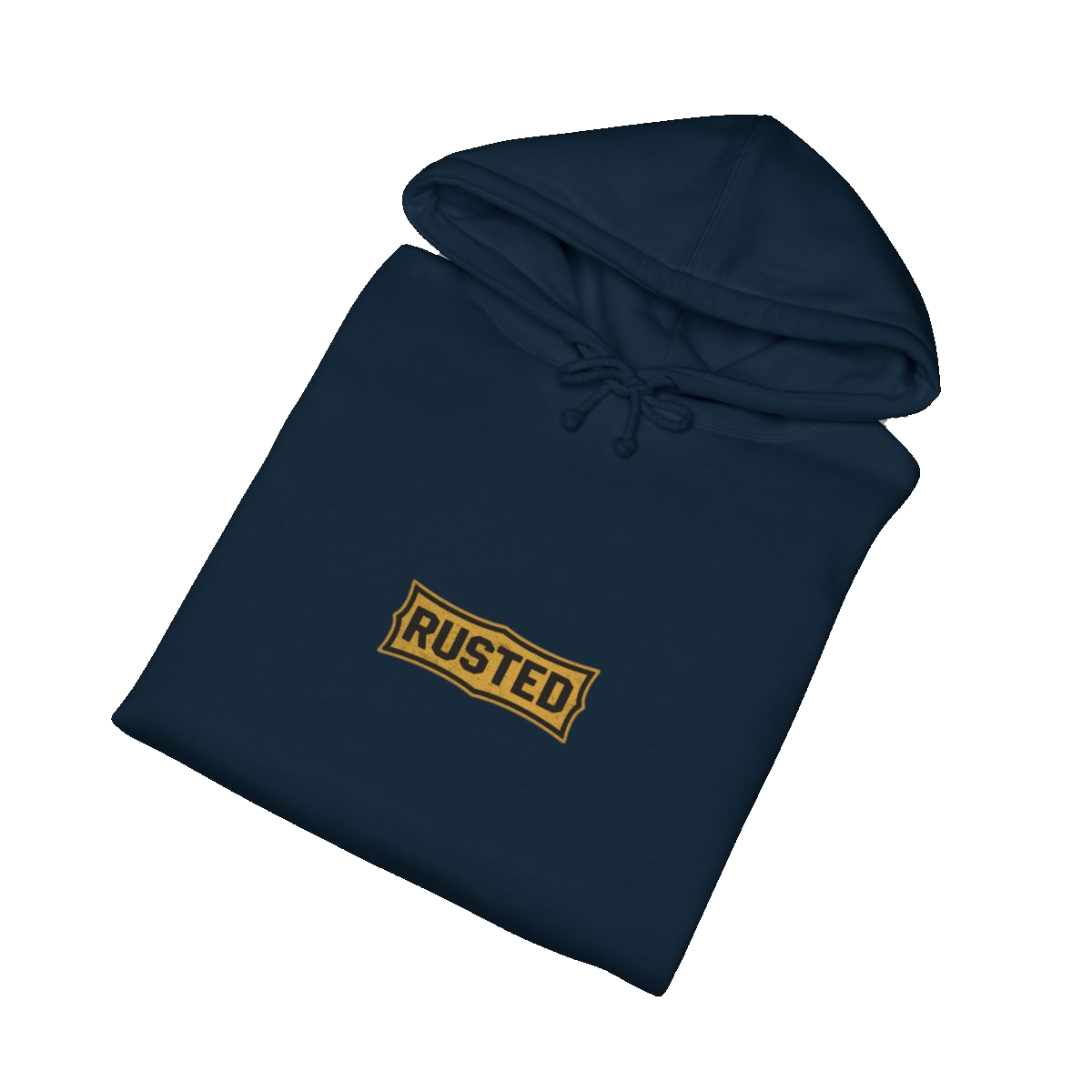 Folded navy TRUST THE RUST motor grader hoodie