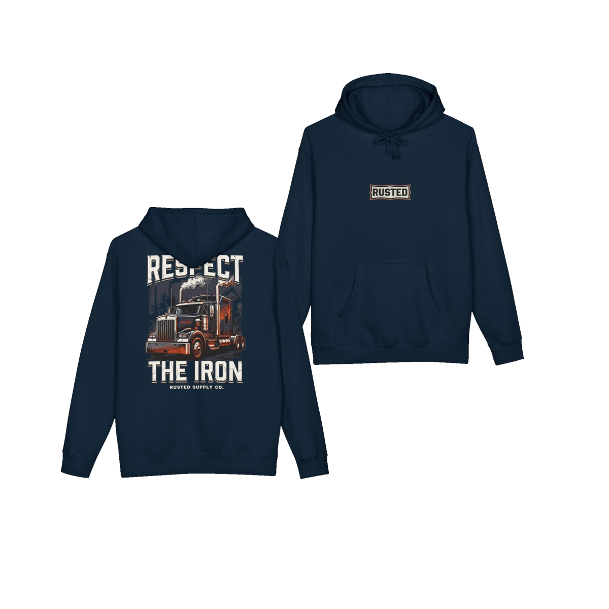 RESPECT THE IRON conventional semi navy hoodie, front and back
