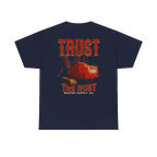 TRUST THE RUST dragline crane back print on a navy tee