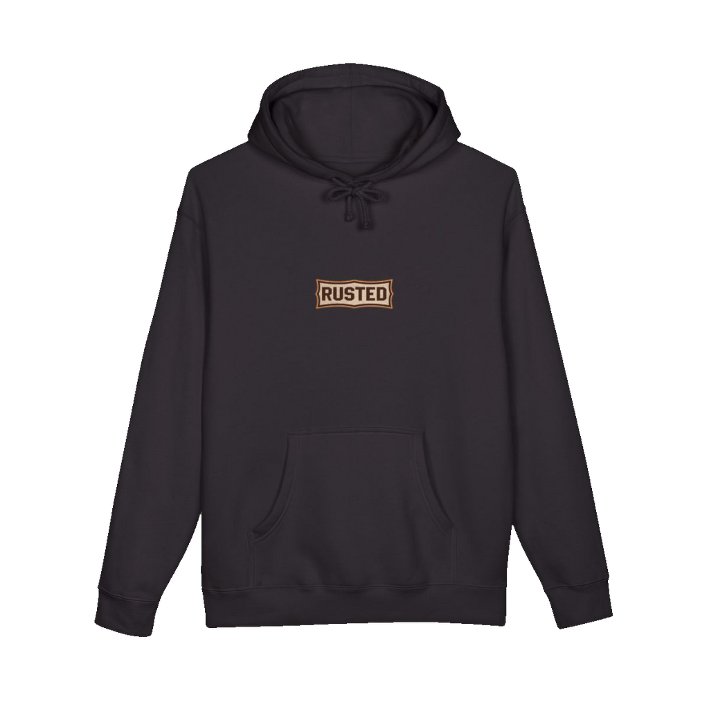 TRUST THE RUST chest badge on a black hoodie