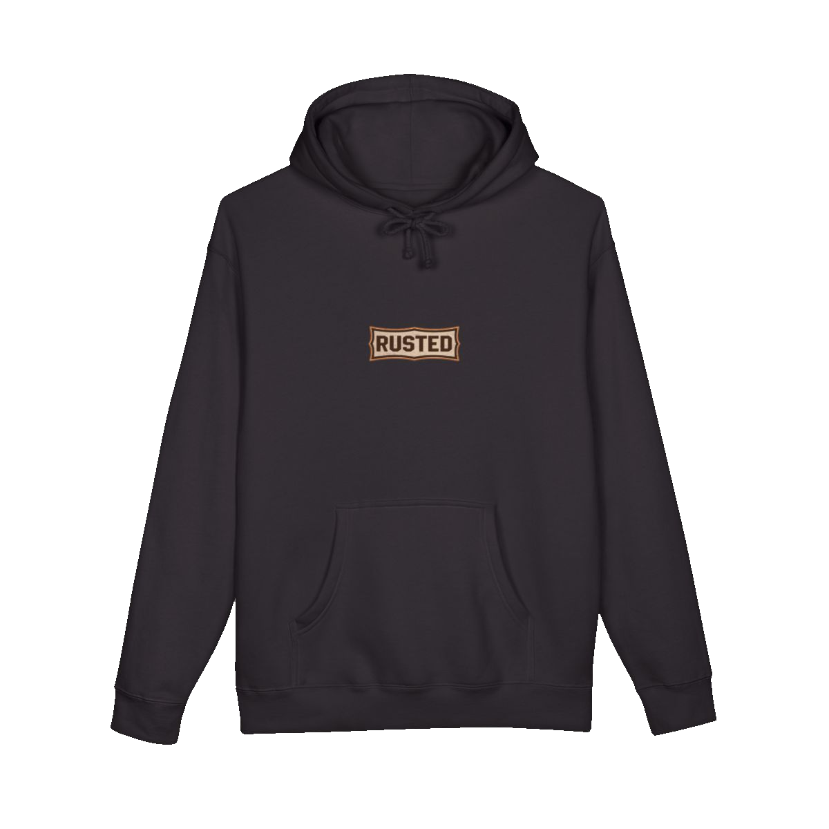 TRUST THE RUST chest badge on a black hoodie