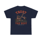 TRUST THE RUST steam shovel back print on a navy tee