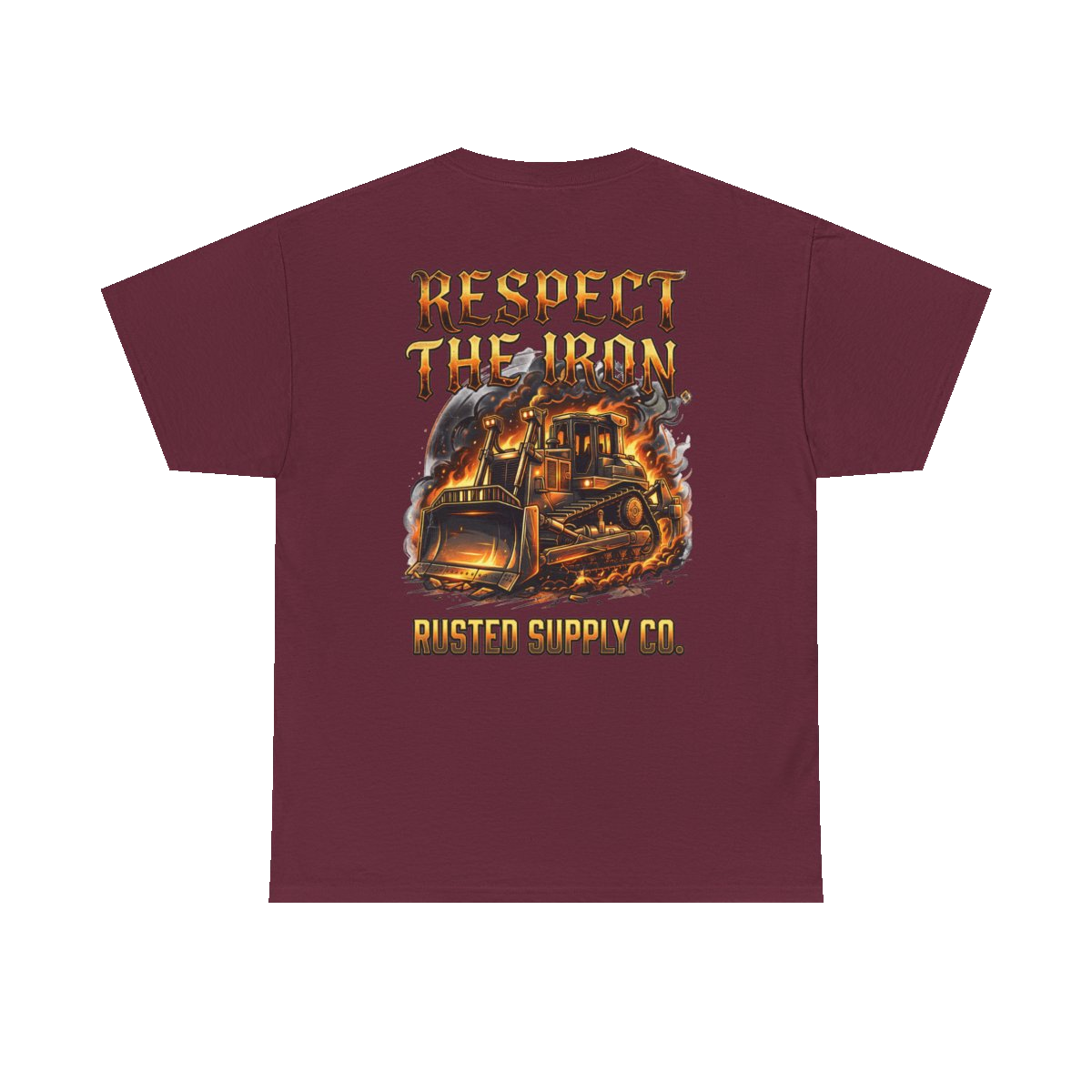RESPECT THE IRON crawler dozer back print on a maroon tee