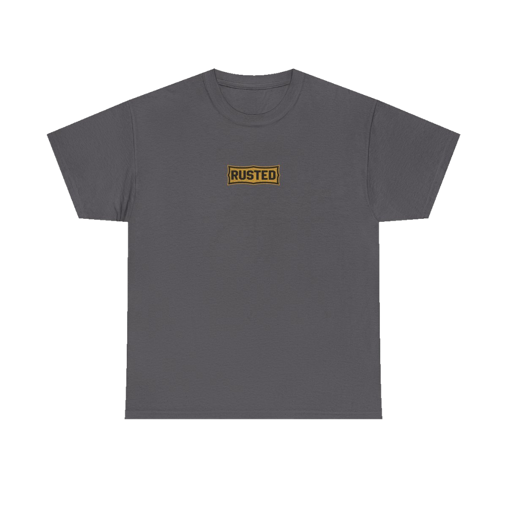 TRUST THE RUST chest badge on a charcoal tee