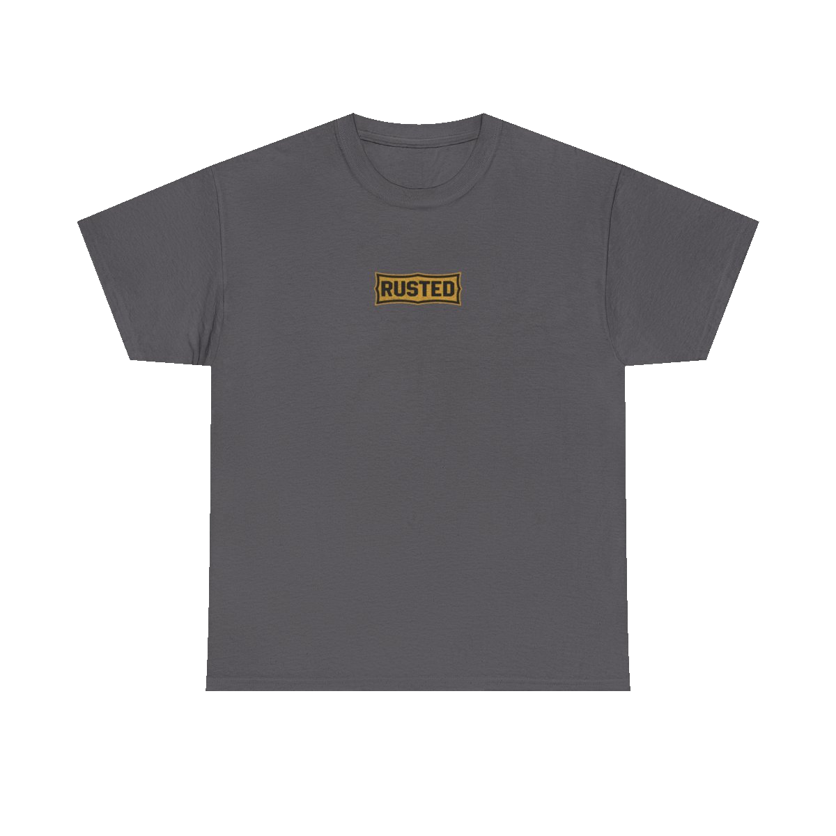 TRUST THE RUST chest badge on a charcoal tee