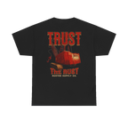TRUST THE RUST dragline crane back print on a black tee