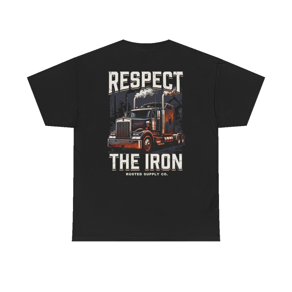 RESPECT THE IRON conventional semi back print on a black tee
