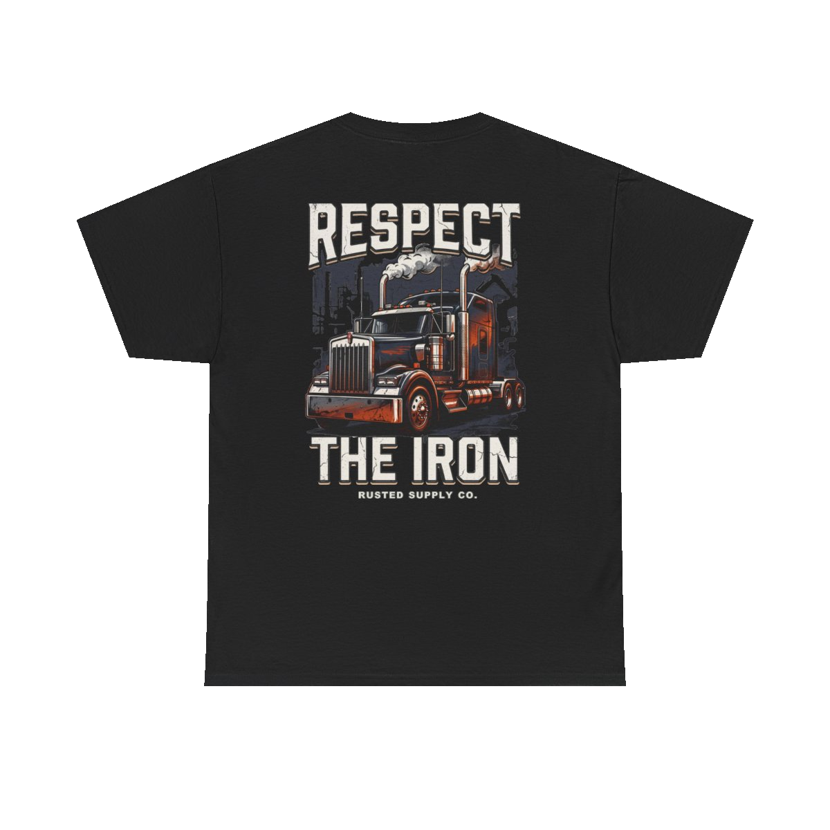 RESPECT THE IRON conventional semi back print on a black tee