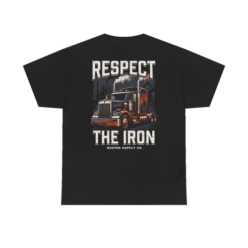 RESPECT THE IRON conventional semi back print on a black tee