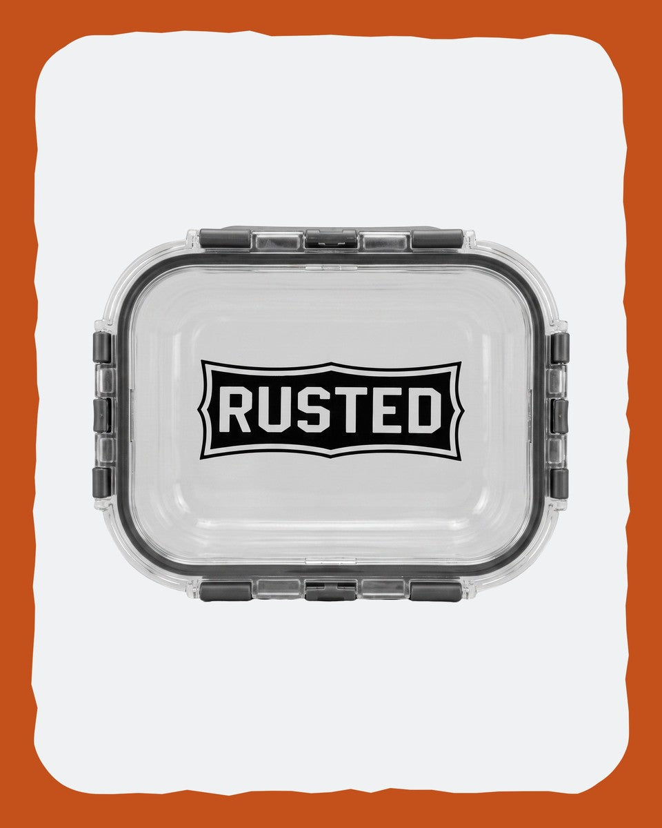 RUSTED Crew Container Medium, flat top-down view of the closed lid and clamps