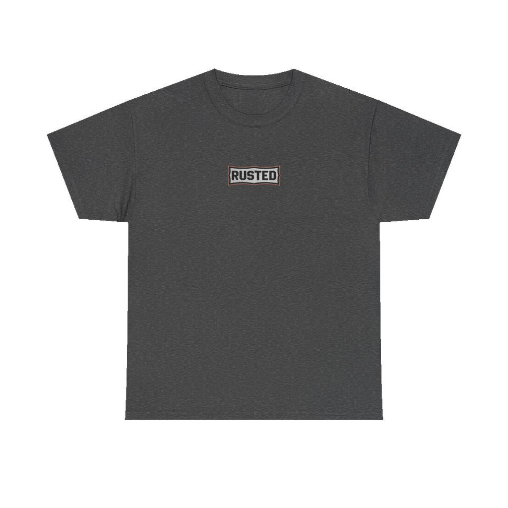 TRUST THE RUST chest badge on a dark heather tee