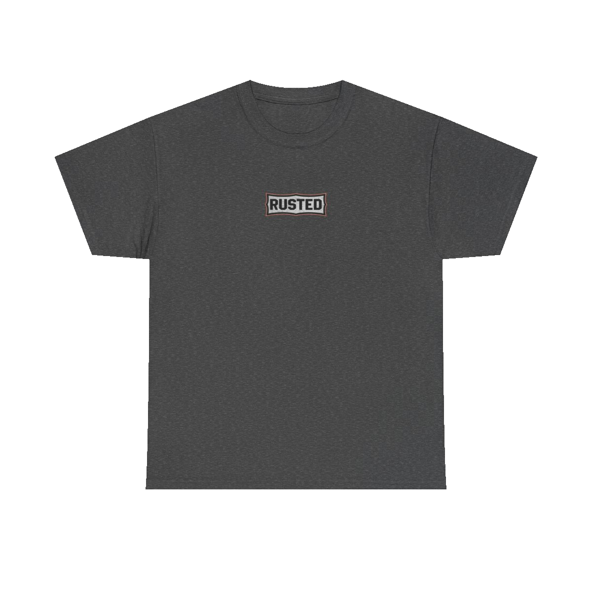 TRUST THE RUST chest badge on a dark heather tee