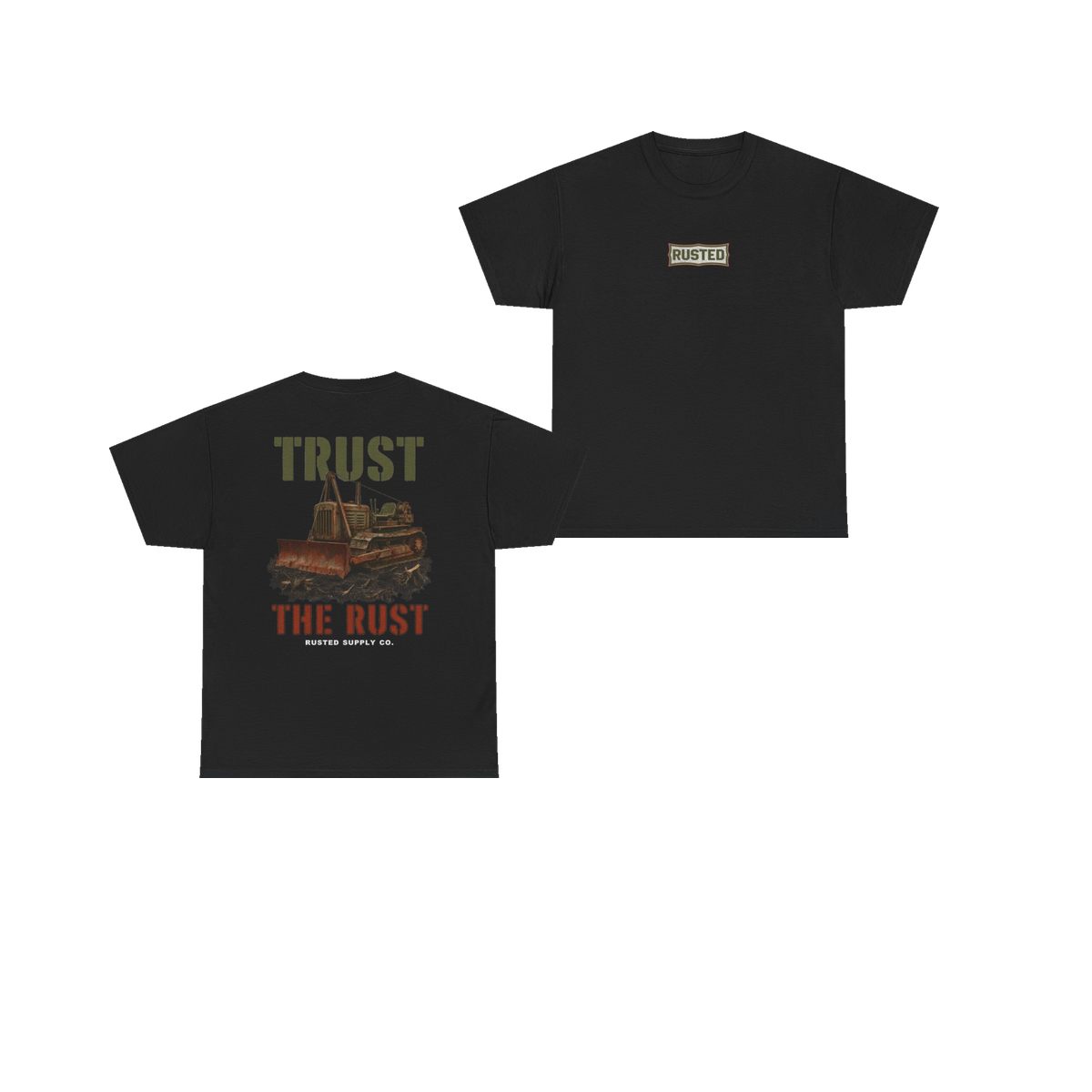 TRUST THE RUST cable dozer black tee, front and back