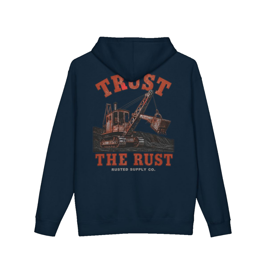 TRUST THE RUST steam shovel back print on a navy hoodie