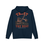 TRUST THE RUST steam shovel back print on a navy hoodie