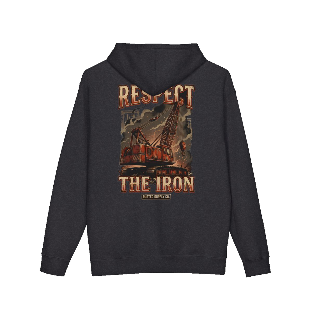 RESPECT THE IRON crawler crane back print on a charcoal heather hoodie