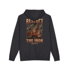 RESPECT THE IRON crawler crane back print on a charcoal heather hoodie