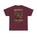 RESPECT THE IRON crawler crane back print on a maroon tee