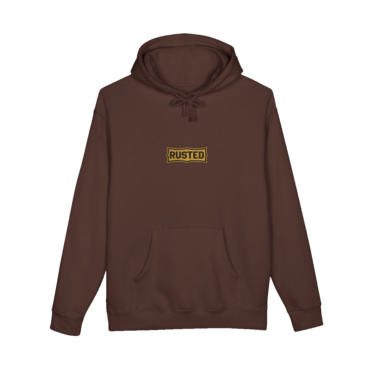 TRUST THE RUST chest badge on a brown hoodie