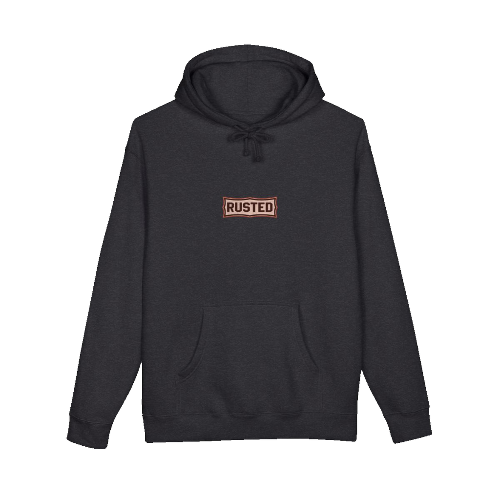 TRUST THE RUST chest badge on a charcoal heather hoodie