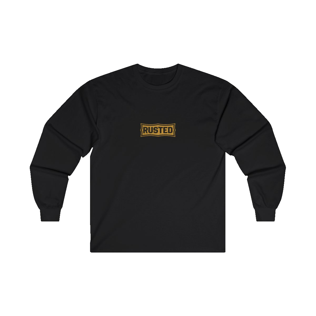 TRUST THE RUST chest badge on a black long sleeve