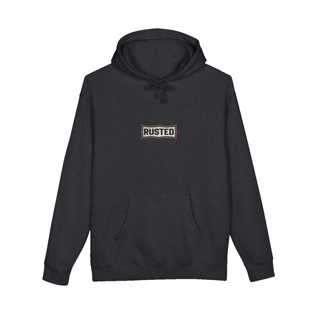 RESPECT THE IRON chest badge on a charcoal heather hoodie