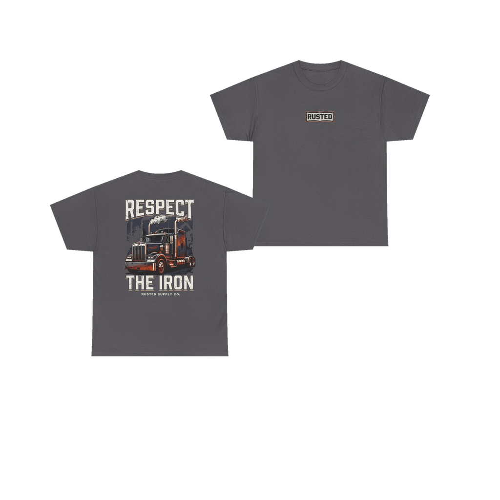 RESPECT THE IRON conventional semi charcoal tee, front and back