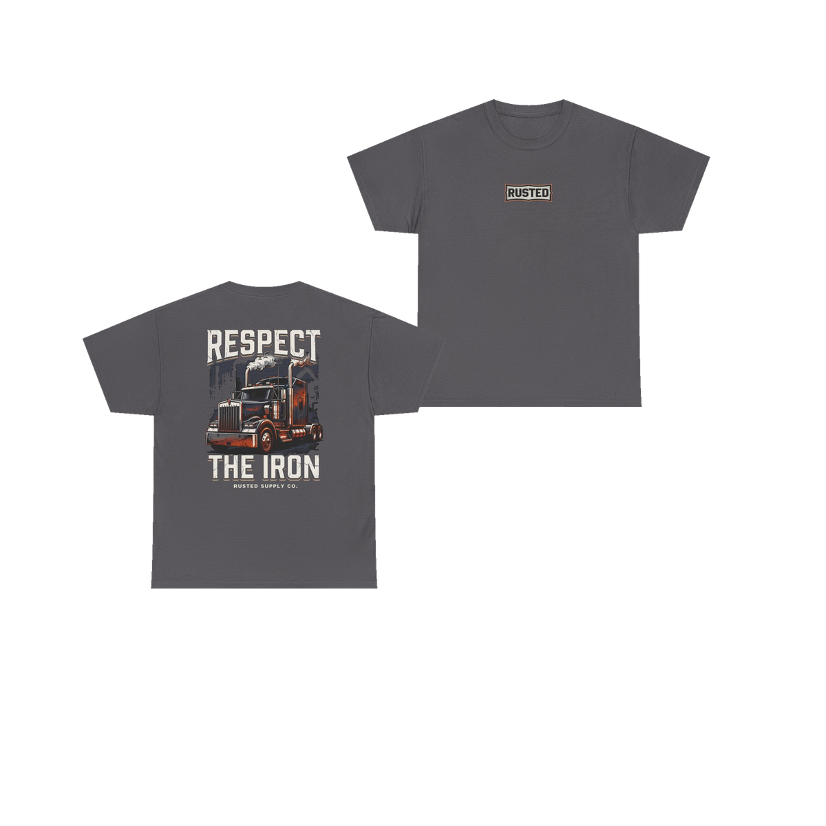RESPECT THE IRON conventional semi charcoal tee, front and back
