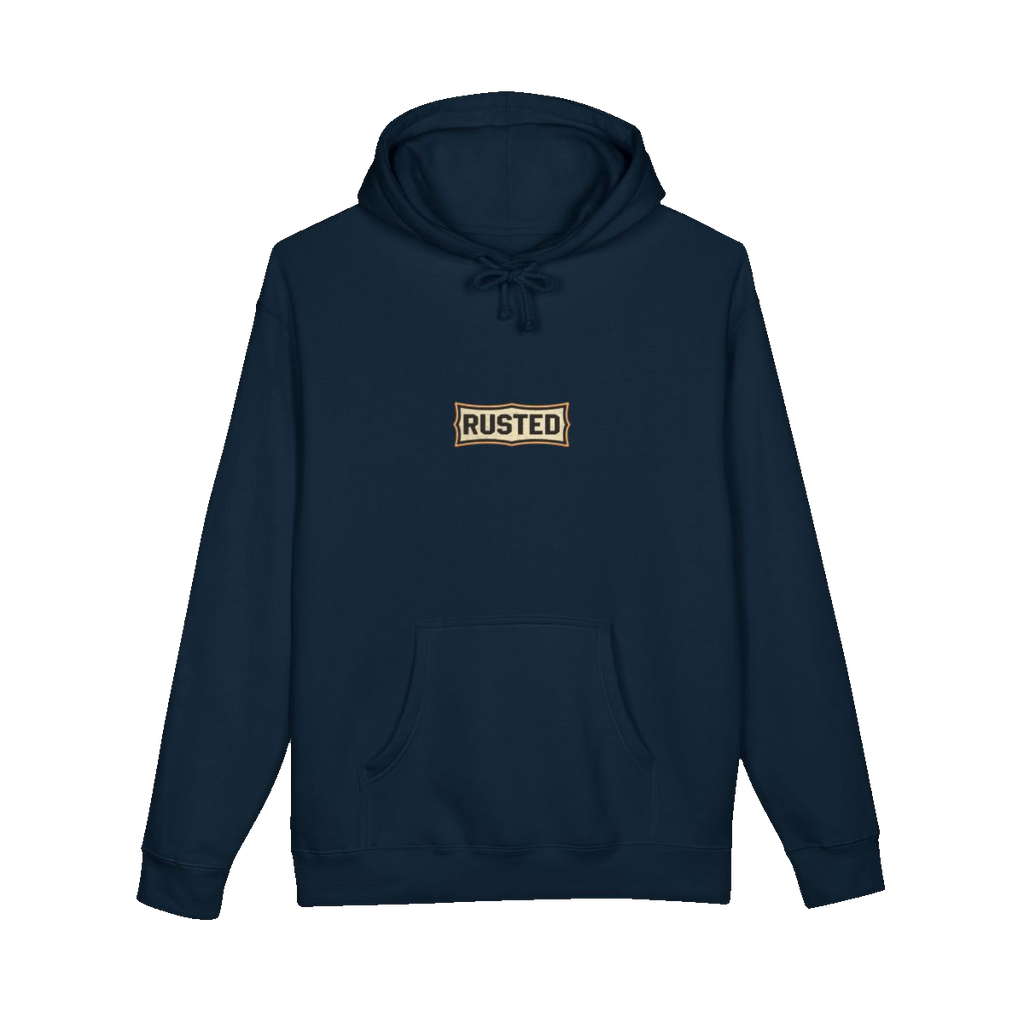 RESPECT THE IRON chest badge on a navy hoodie
