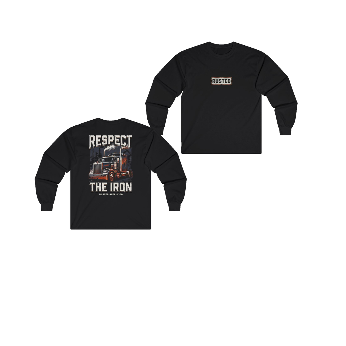 RESPECT THE IRON conventional semi black long sleeve, front and back