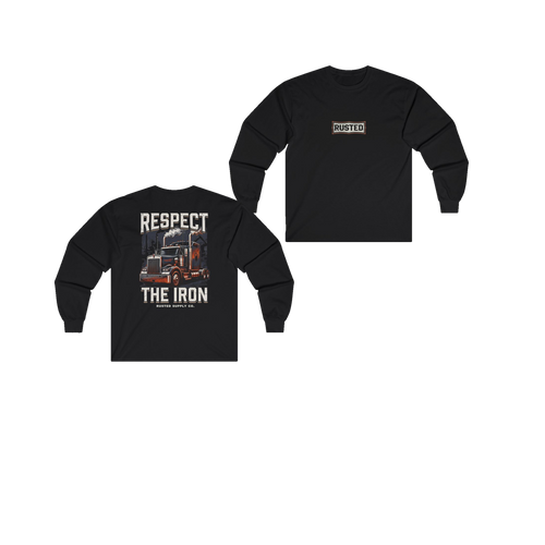 RESPECT THE IRON conventional semi black long sleeve, front and back