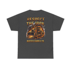RESPECT THE IRON crawler dozer back print on a dark heather tee