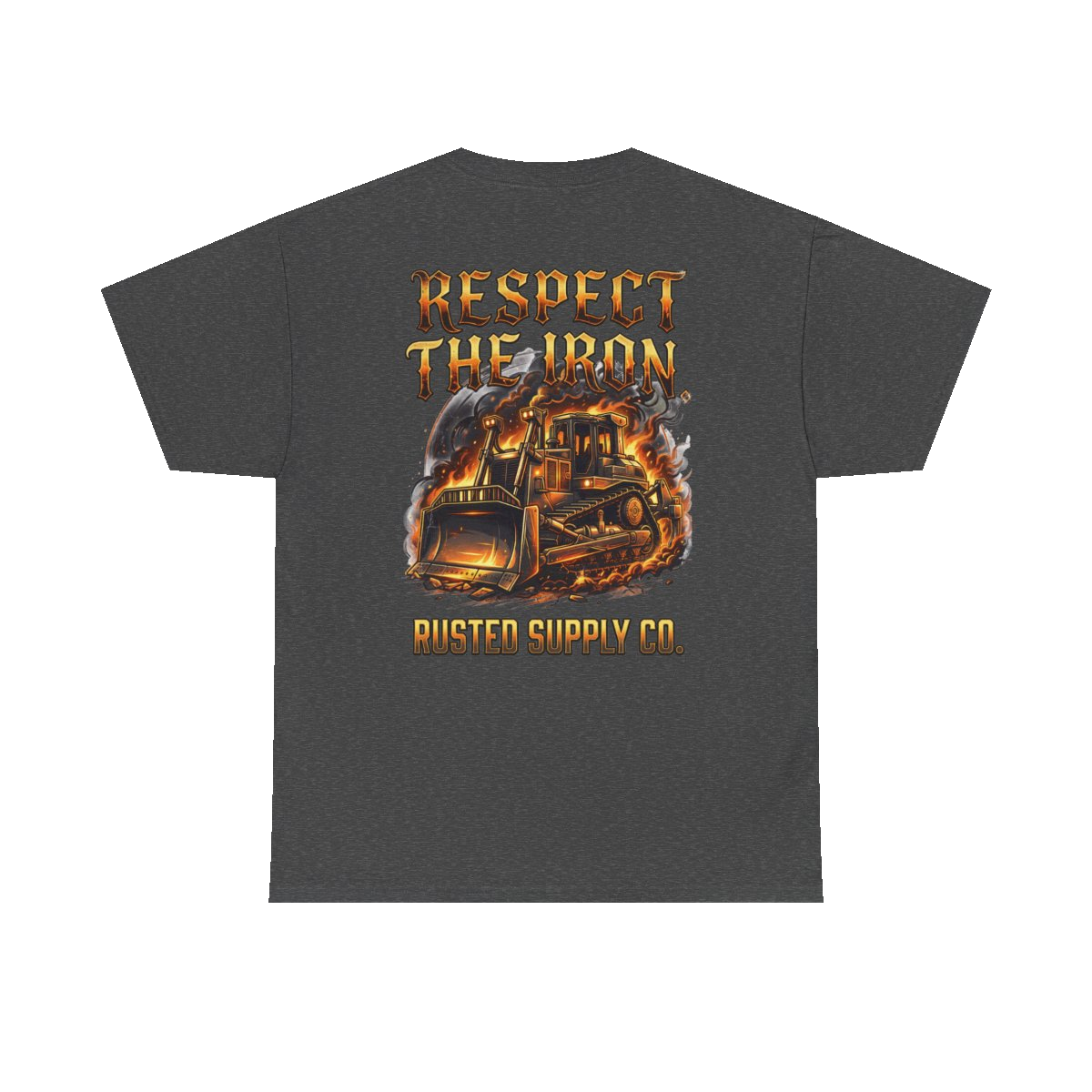 RESPECT THE IRON crawler dozer back print on a dark heather tee