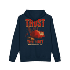 TRUST THE RUST dragline crane back print on a navy hoodie