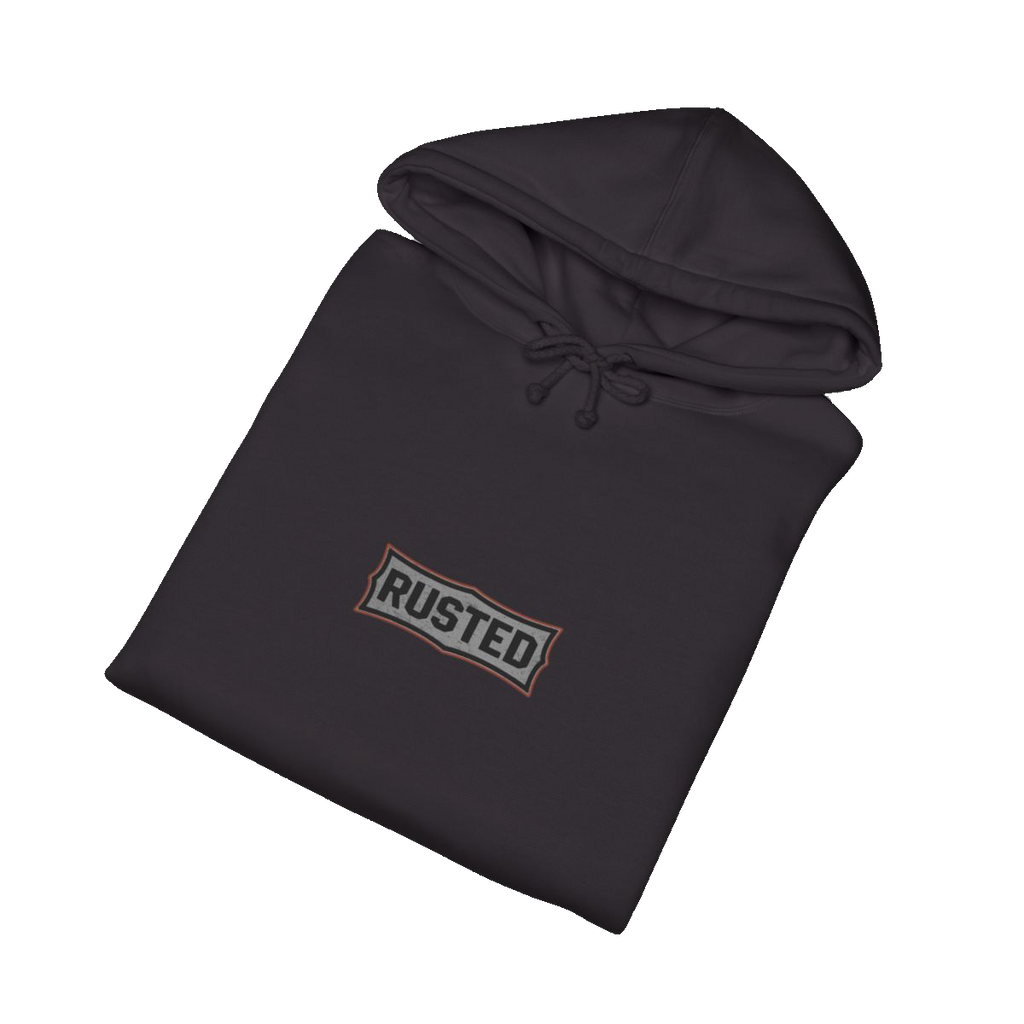 Folded black TRUST THE RUST steam shovel hoodie