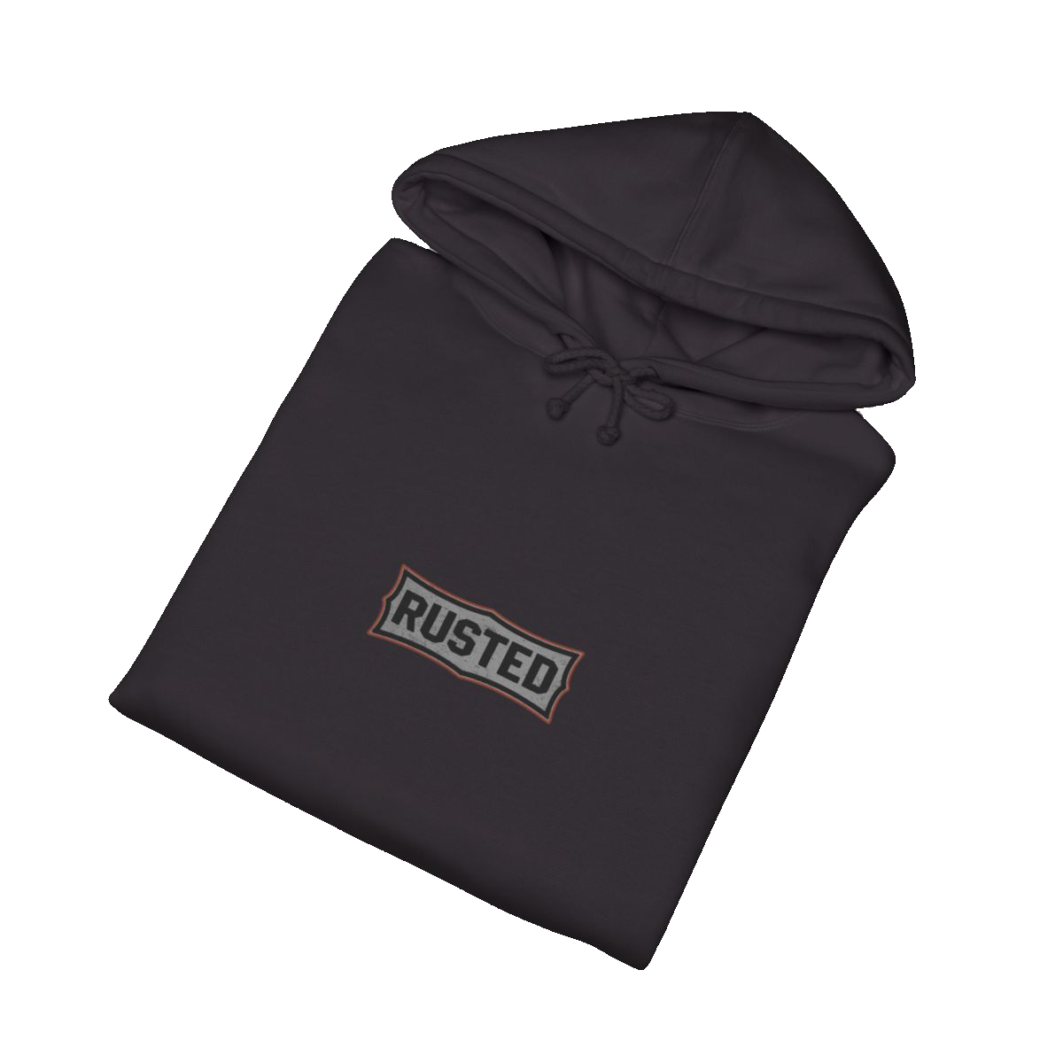Folded black TRUST THE RUST steam shovel hoodie