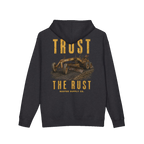 TRUST THE RUST motor grader back print on a charcoal heather hoodie