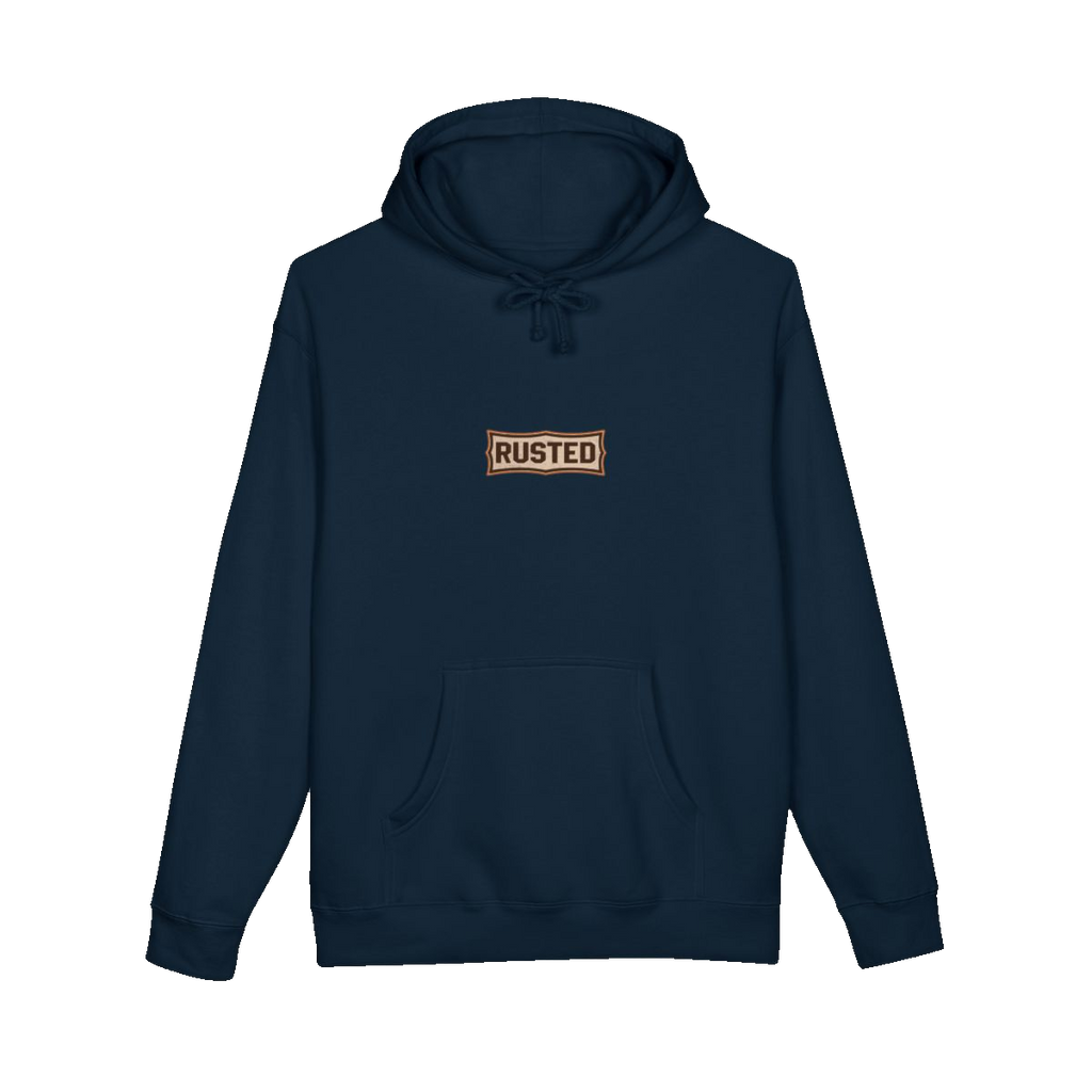 TRUST THE RUST chest badge on a navy hoodie
