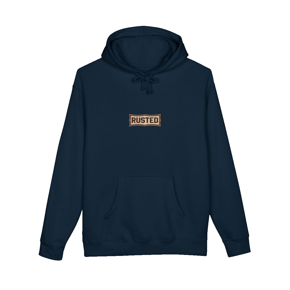 TRUST THE RUST chest badge on a navy hoodie