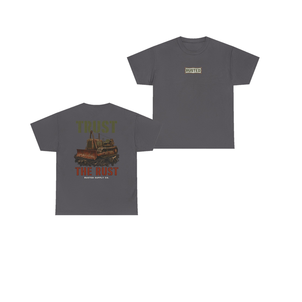 TRUST THE RUST cable dozer charcoal tee, front and back