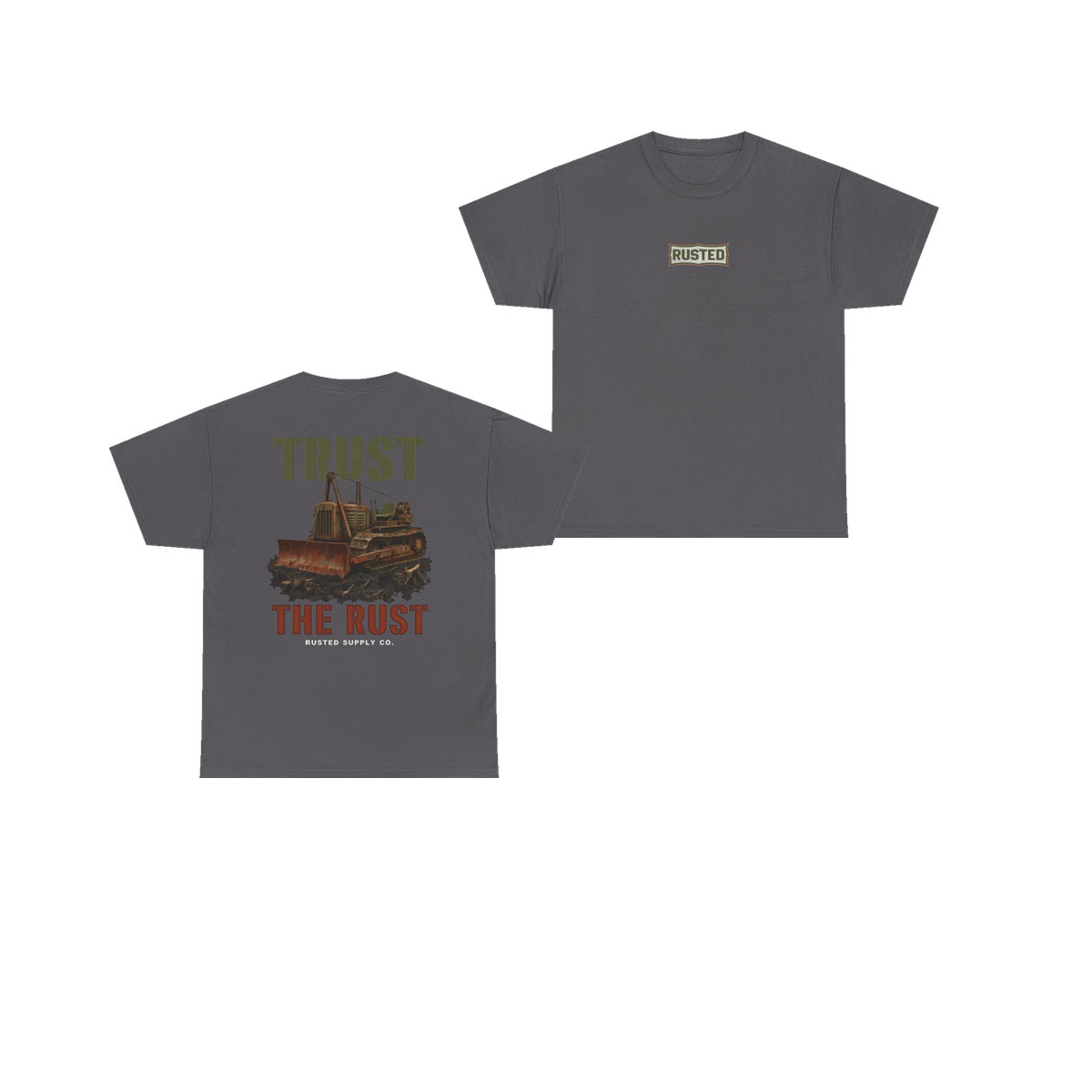 TRUST THE RUST cable dozer charcoal tee, front and back