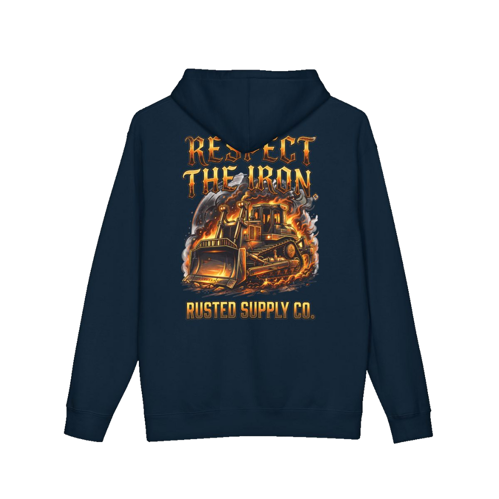 RESPECT THE IRON crawler dozer back print on a navy hoodie