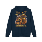 RESPECT THE IRON crawler dozer back print on a navy hoodie