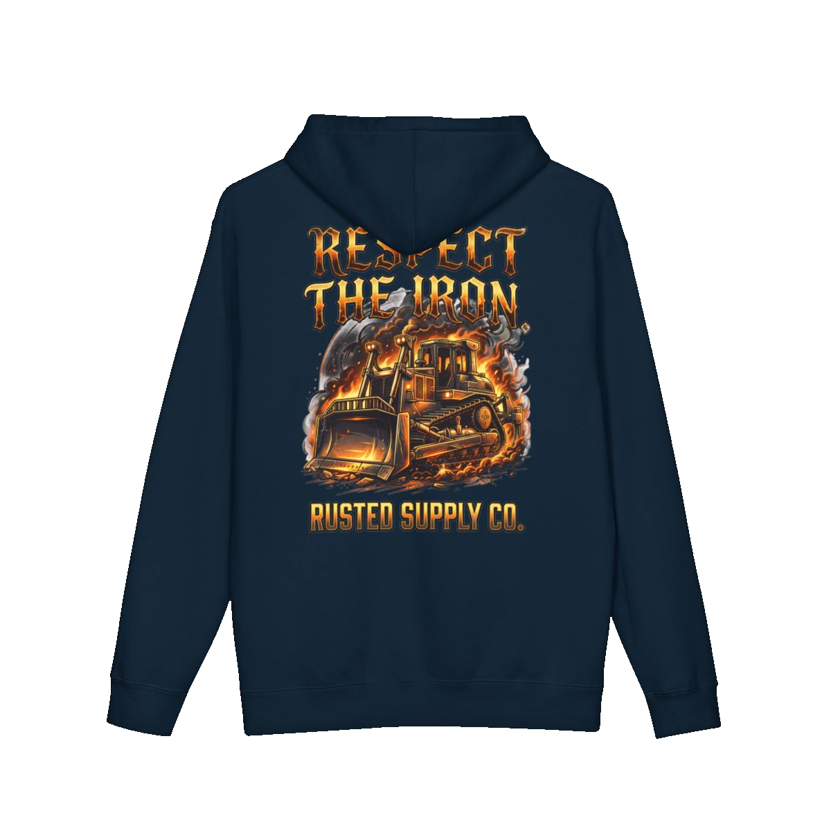 RESPECT THE IRON crawler dozer back print on a navy hoodie