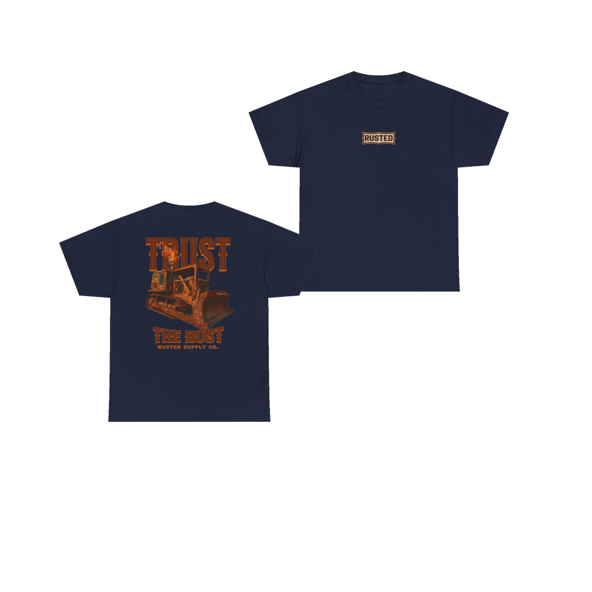 TRUST THE RUST blade dozer navy tee, front and back