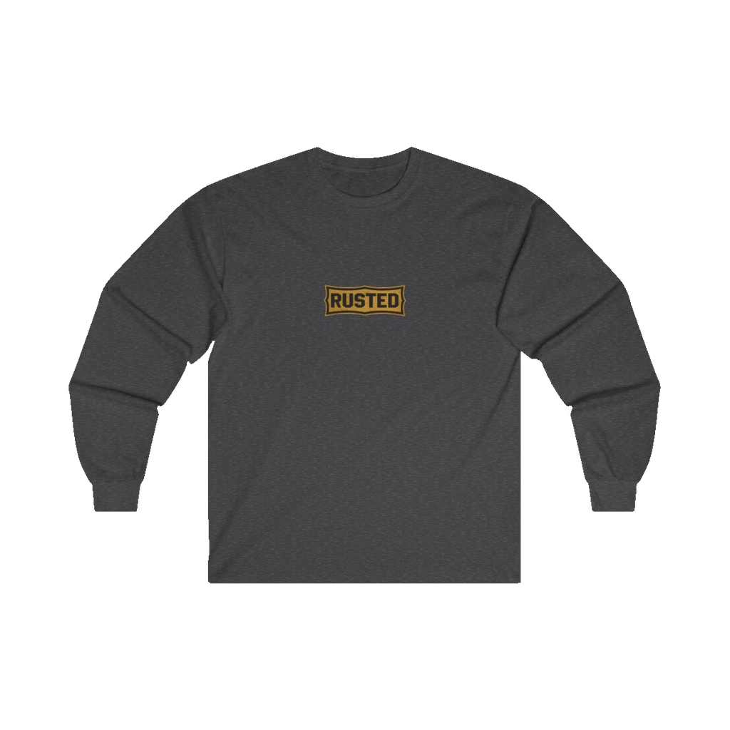 TRUST THE RUST chest badge on a dark heather long sleeve